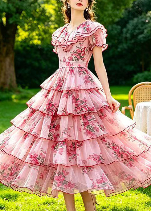 Natural Pink Ruffled Print Tulle Holiday Dress Summer