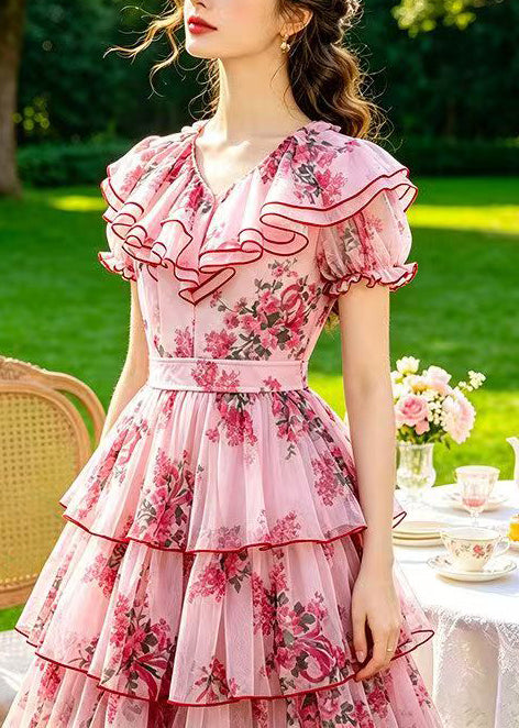 Natural Pink Ruffled Print Tulle Holiday Dress Summer