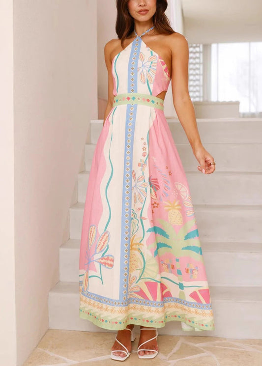 Natural Print Cold Shoulder Backless Maxi Dress Sleeveless