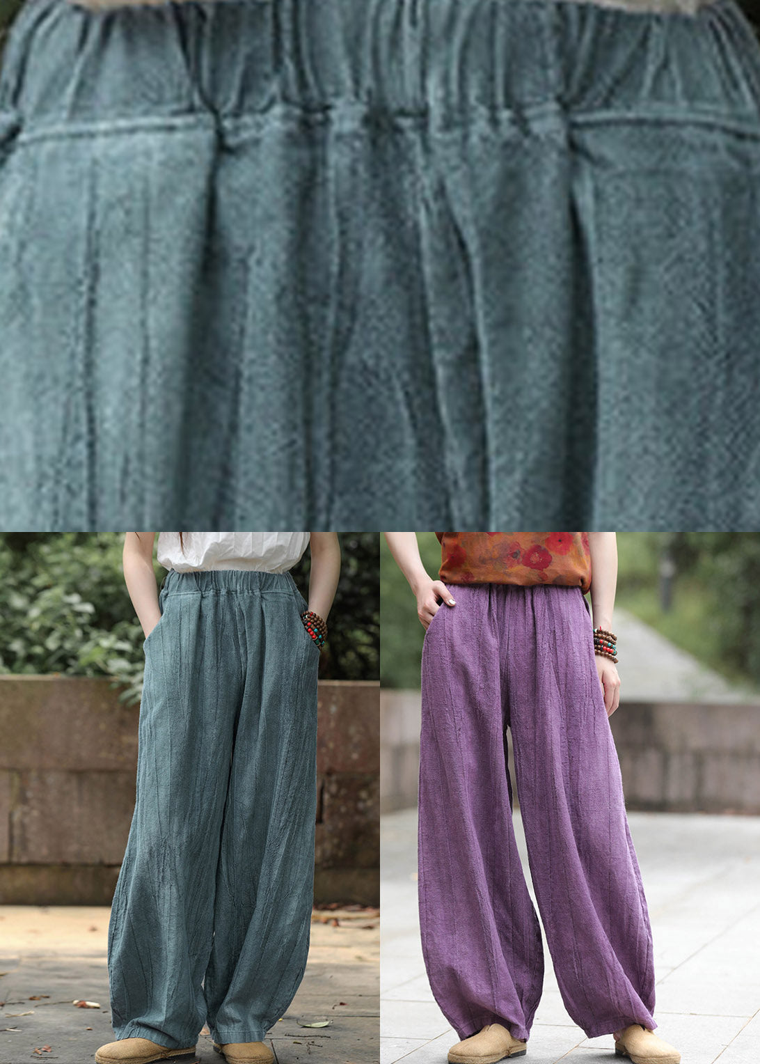 Natural Purple Patchwork Elastic Waist Lantern Pants Fall