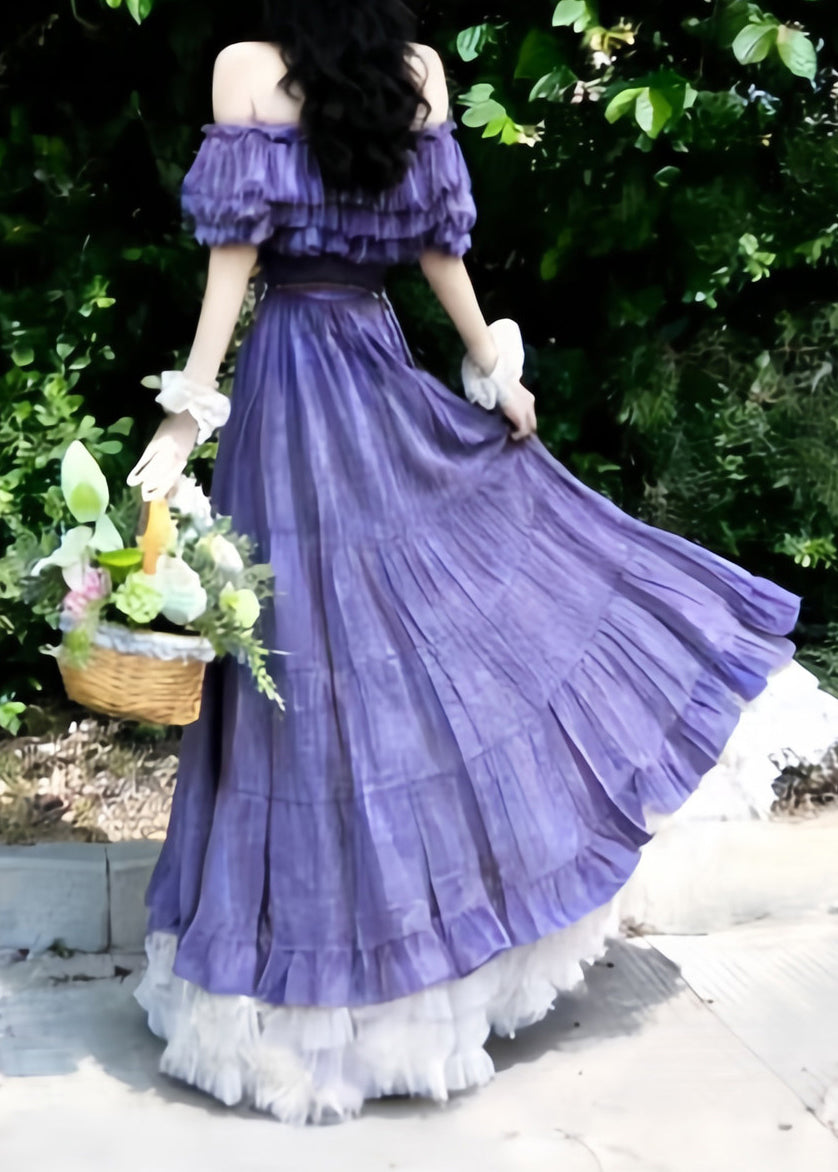 Natural Purple Slash Neck Ruffled Floral Holiday Maxi Dress Summer