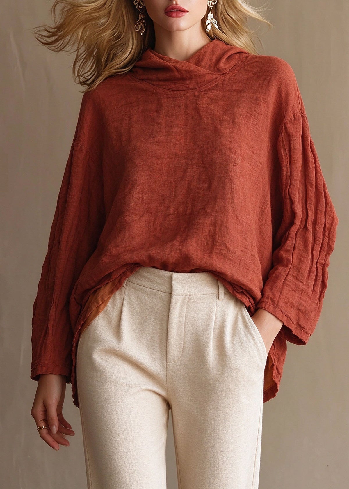 Natural Red Double-Layer Linen Hooded Tops Long Sleeve