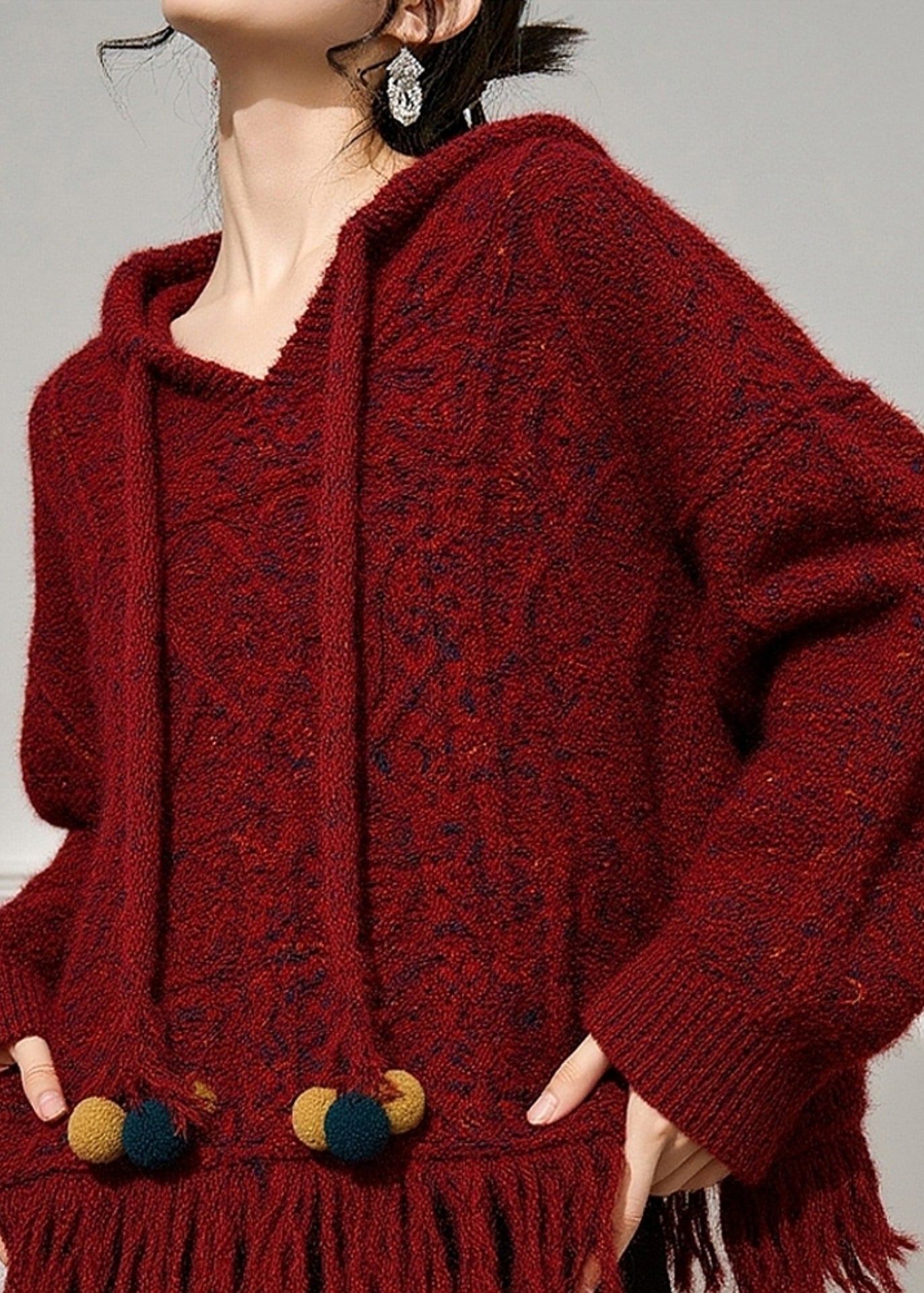 Natural Red Drawstring Cotton Knit Hooded Sweater Spring