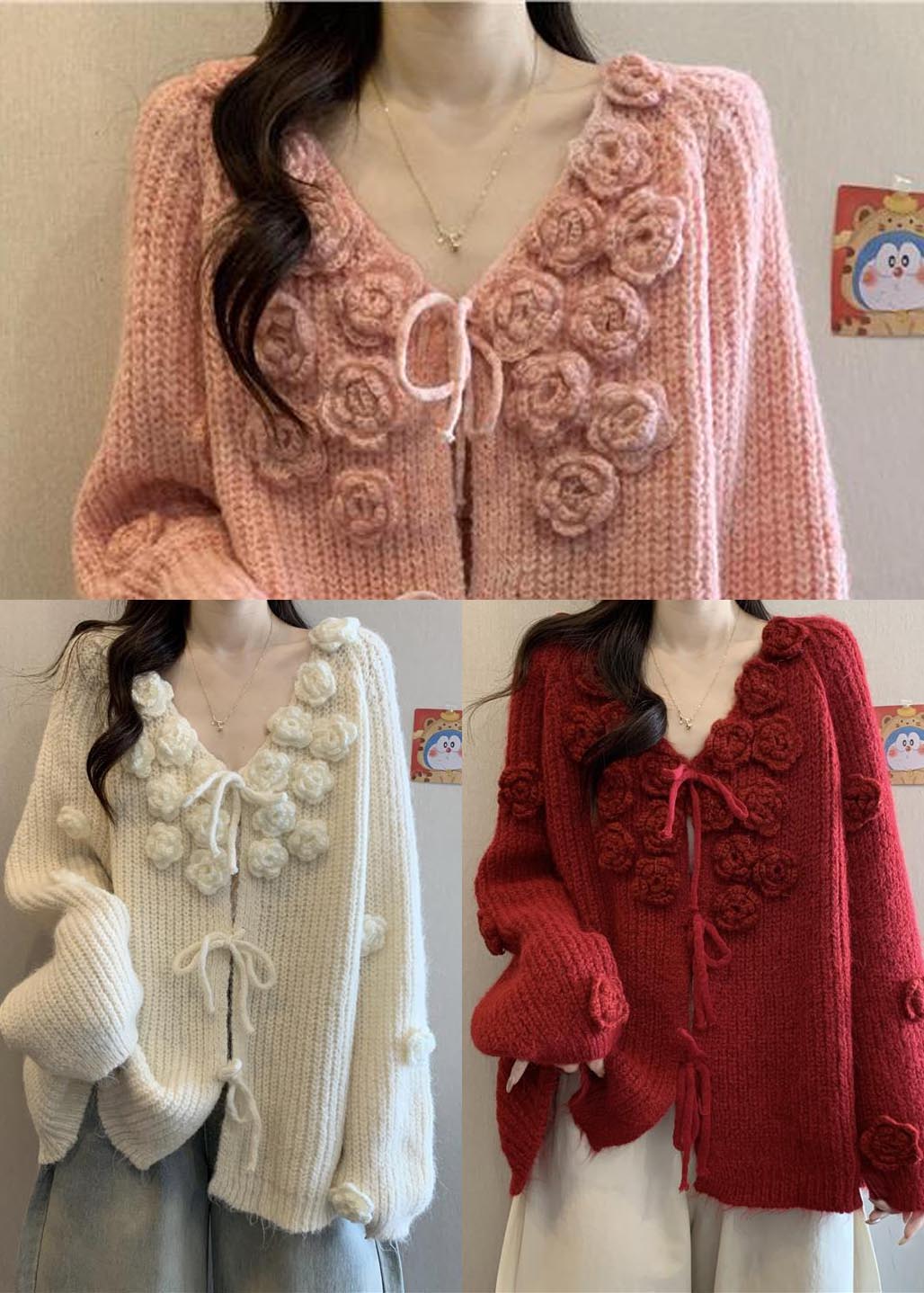 Natural Red Floral Decorated Warm Knit Cardigans Fall
