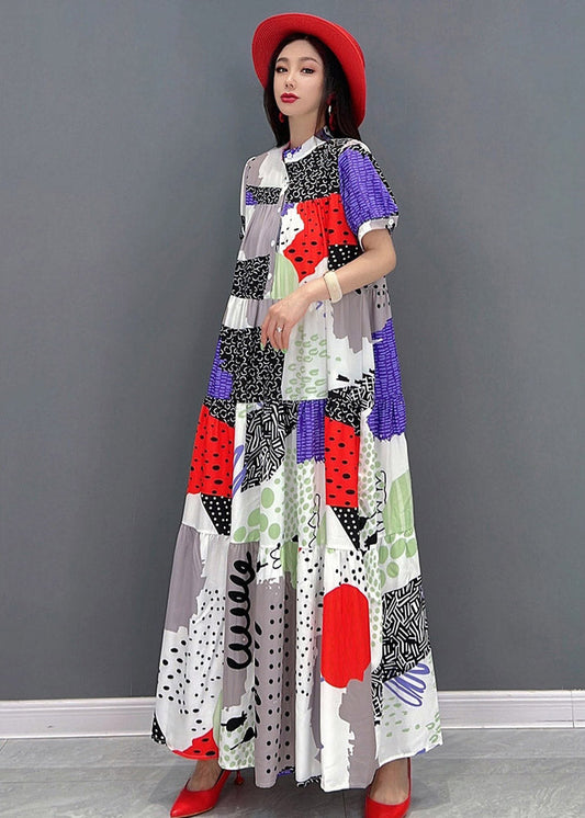 Natural Red O-Neck Print Chiffon Ankle Dress Short Sleeve