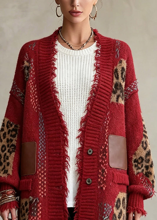 Natural Red Patchwork Button Pockets Cotton Knit Cardigans Fall