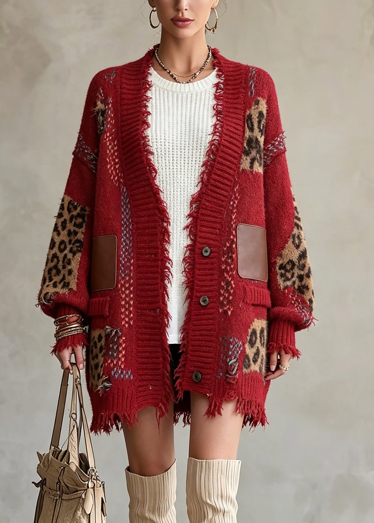 Natural Red Patchwork Button Pockets Cotton Knit Cardigans Fall