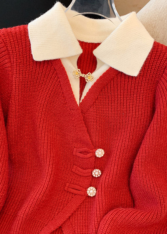 Natural Red Peter Pan Collar False Two Pieces Knit Top Spring