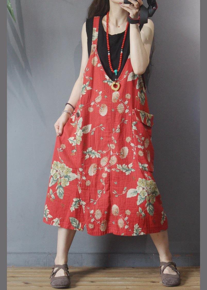 Natural Red Print Pockets carpenter Maxi Dress Summer Cotton Linen - SooLinen