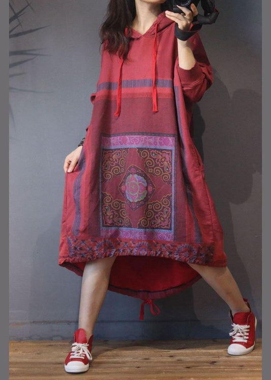 Natural Red Print low high design Dresses Summer Cotton Dress - SooLinen