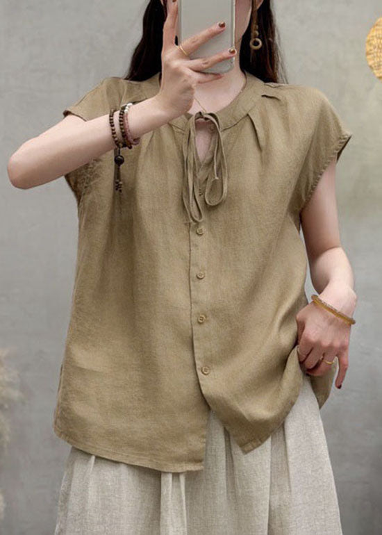 Natural Royal Blue O Neck Lace Up Linen Shirts Summer