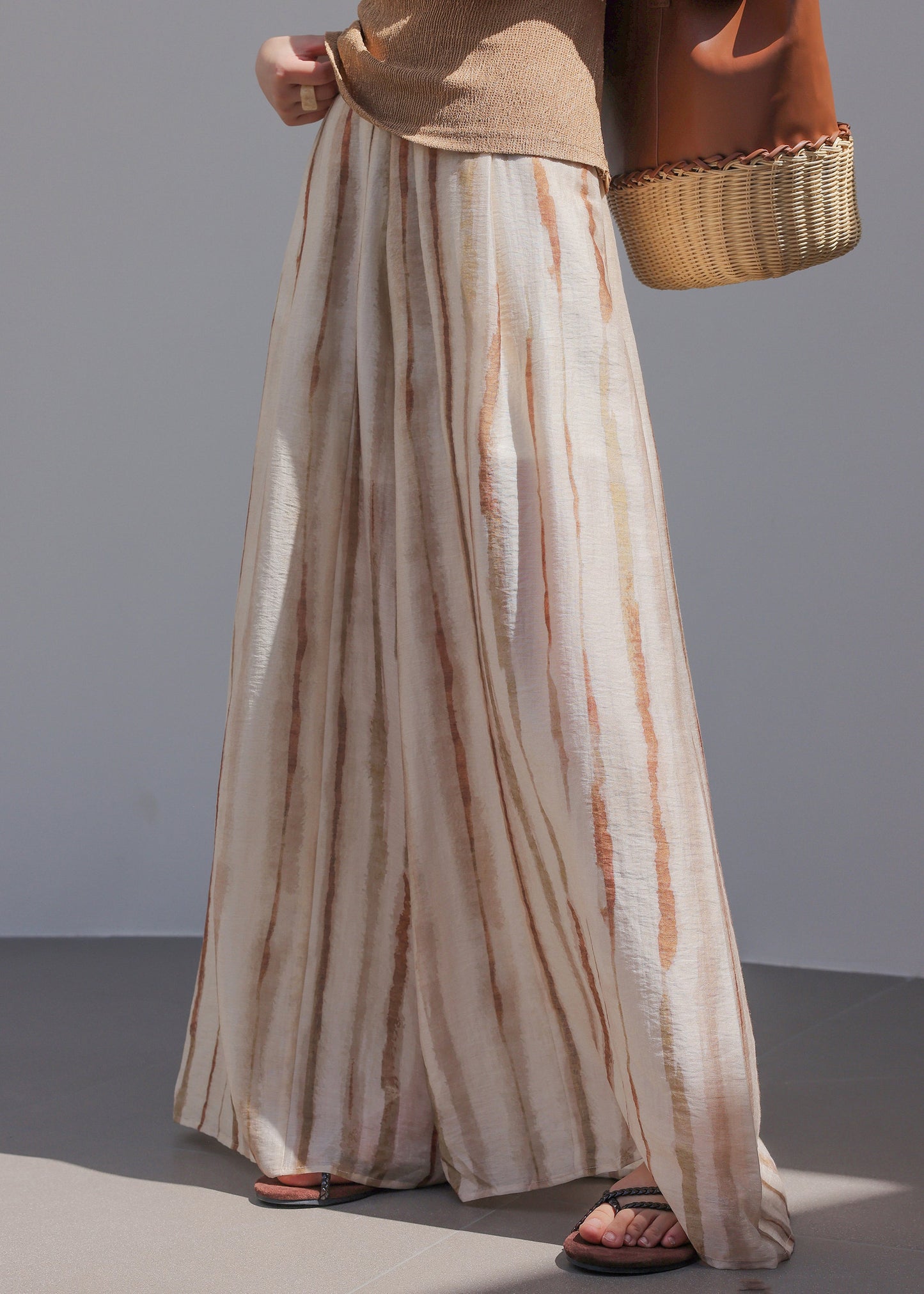 Natural Striped High Waist Wide Leg Pants Summer