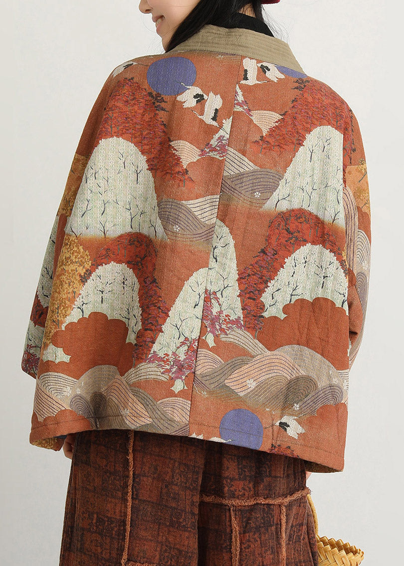 Natural V Neck Print Tie Waist Parka Long Sleeve