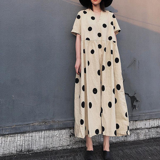 Natural V Neck Wrinkled Spring Tunics Work Outfits Dotted Long Dresses - SooLinen
