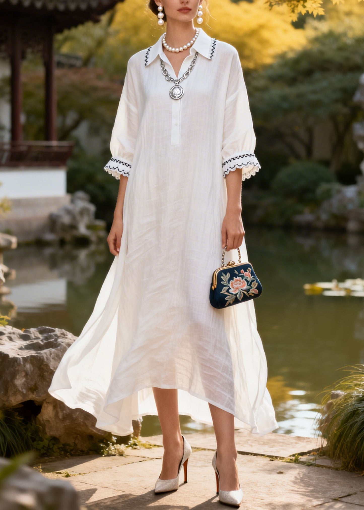Natural White Peter Pan Collar Lace Patchwork Cotton Dress Summer