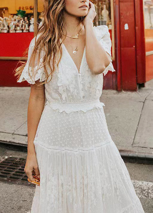 Natural White V Neck Jacquard Lace Robe Dresses Summer