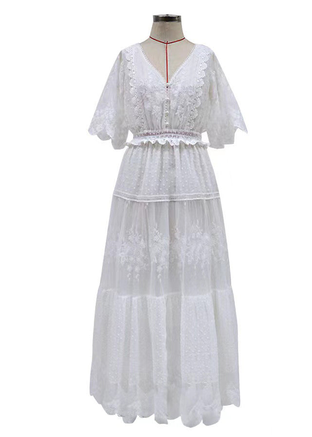 Natural White V Neck Jacquard Lace Robe Dresses Summer
