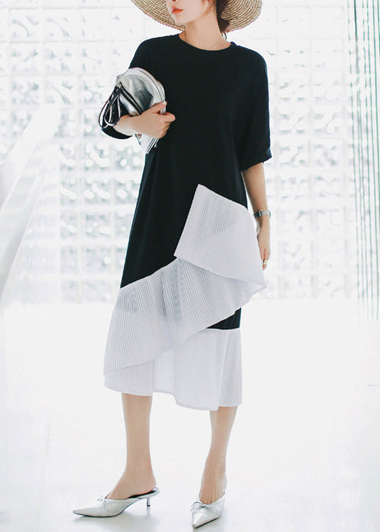 Natural black Cotton Long Shirts Sweets Photography patchwork asymmetric daily Summer Dress