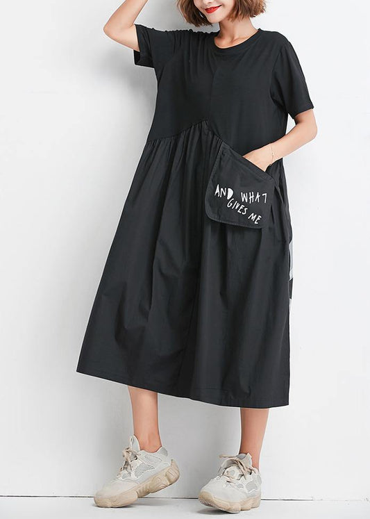 Natural black patchwork Cotton clothes Women big pockets oversized summer Dress - SooLinen