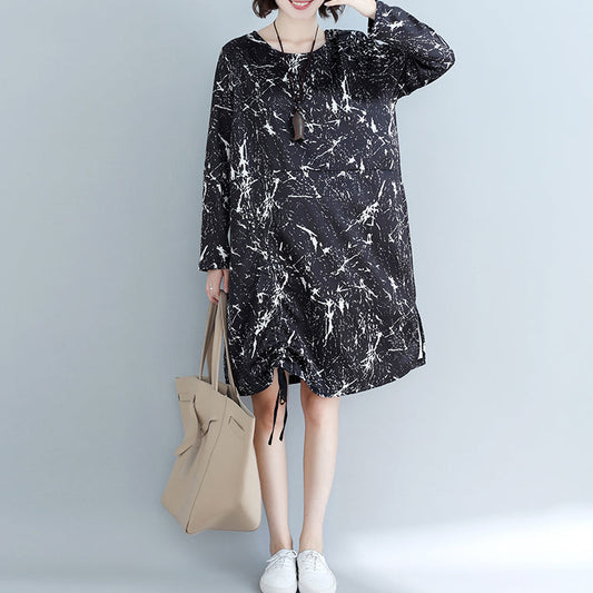 Natural black print Cotton dress 2025 Shape side open baggy Dress