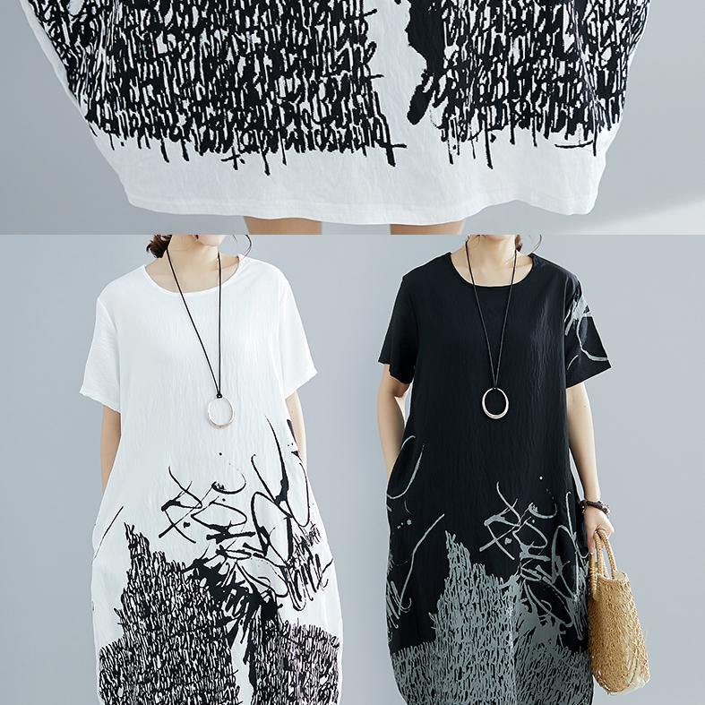Natural black print cotton clothes For Women plus size Shape o neck Dresses Summer Dress - SooLinen