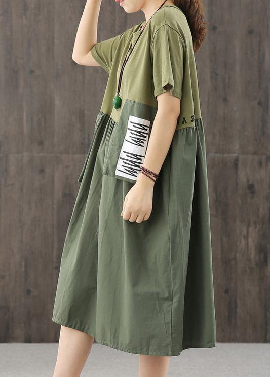 Natural blackish green dress o neck patchwork Dress - SooLinen