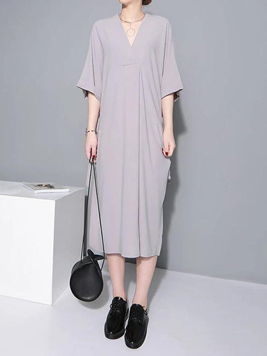 Natural gray cotton quilting clothes v neck tie waist loose Dresses - SooLinen