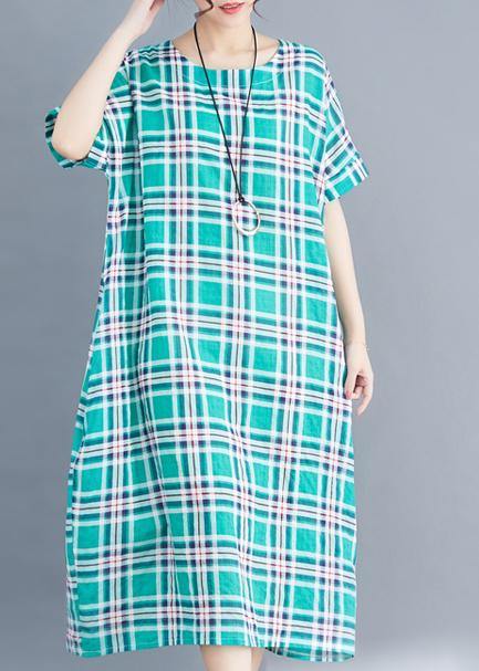 Natural green cotton clothes 2019 Sleeve plaid Plus Size Clothing summer Dress - SooLinen