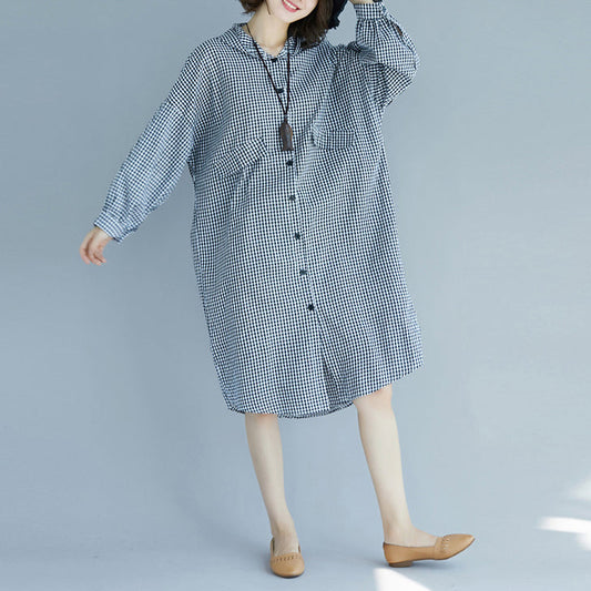 Natural hooded Cotton Tunics plus size design black white Plaid baggy Dress