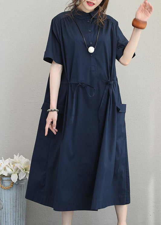 Natural lapel drawstring cotton clothes linen khaki Maxi Dress - SooLinen