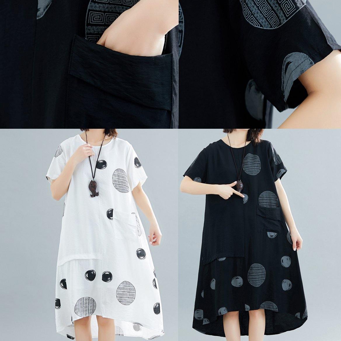 Natural o neck asymmetric cotton clothes Work white dotted Traveling Dresses summer - SooLinen