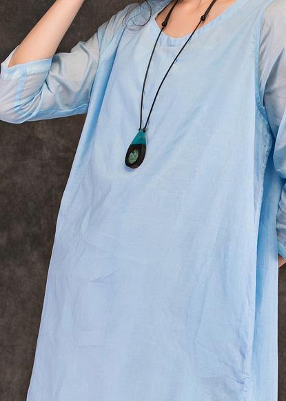 Natural o neck half sleeve cotton Tunics Work light blue Traveling Dress summer - SooLinen