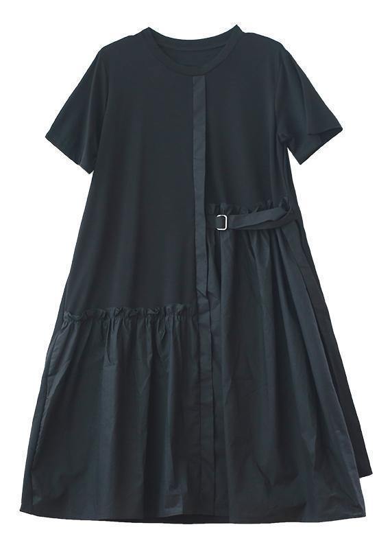 Natural o neck patchwork summer top Outfits black long Dress - SooLinen