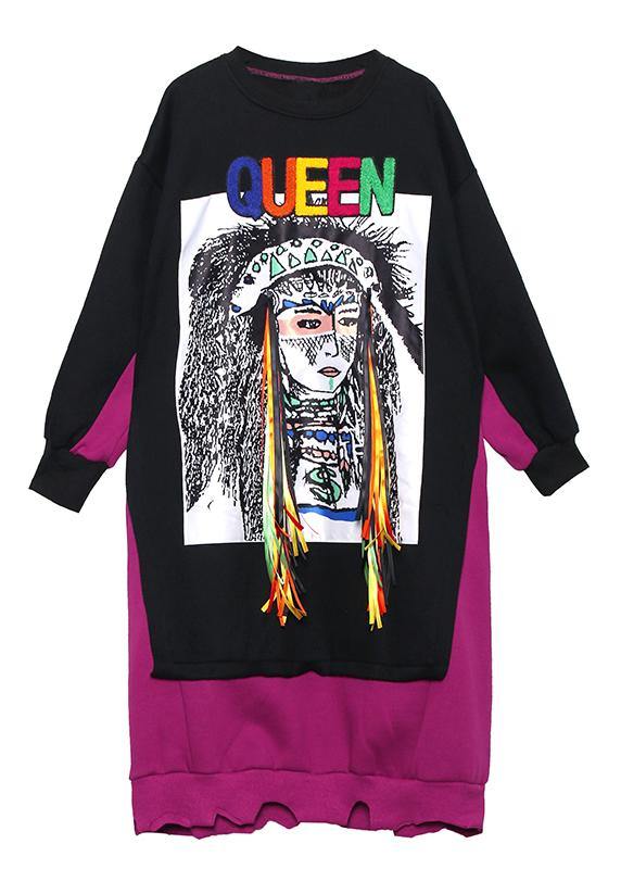 Natural patchwork cotton winter Tunic Fashion Ideas black Cartoon print Dresses - SooLinen