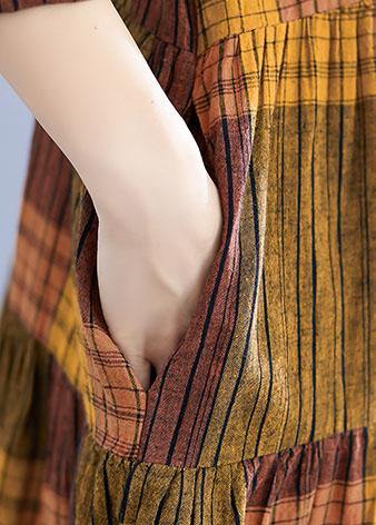 Natural yellow plaid linen clothes For Women stand collar Maxi summer Dresses - SooLinen