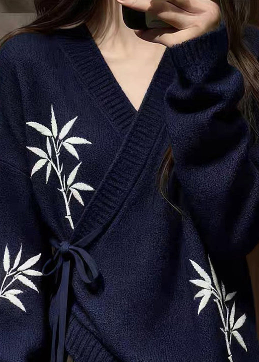 Navy Bamboo Print Lace Up Knit Sweaters V Neck Spring