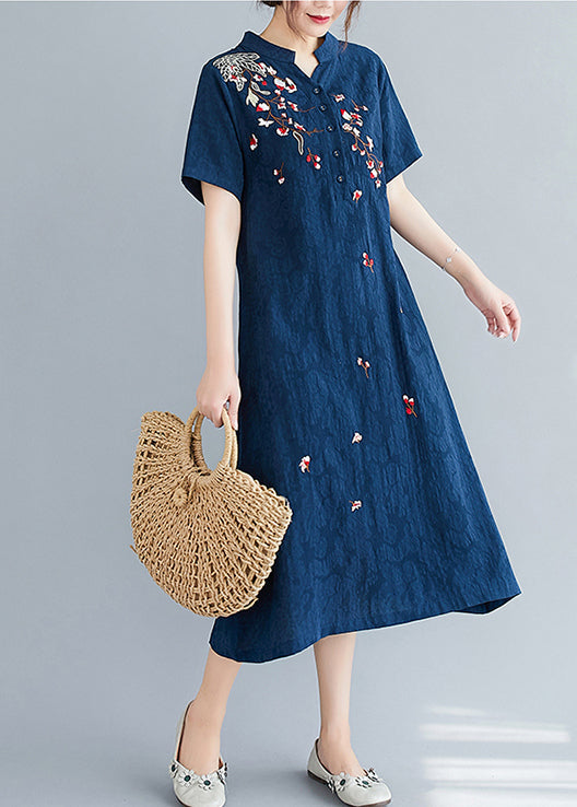 Navy Jacquard Linen Mid Dresses Embroidered Summer