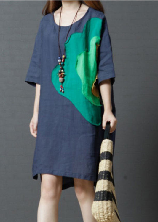 Navy Patchwork Cotton Day Dress Asymmetrical Summer