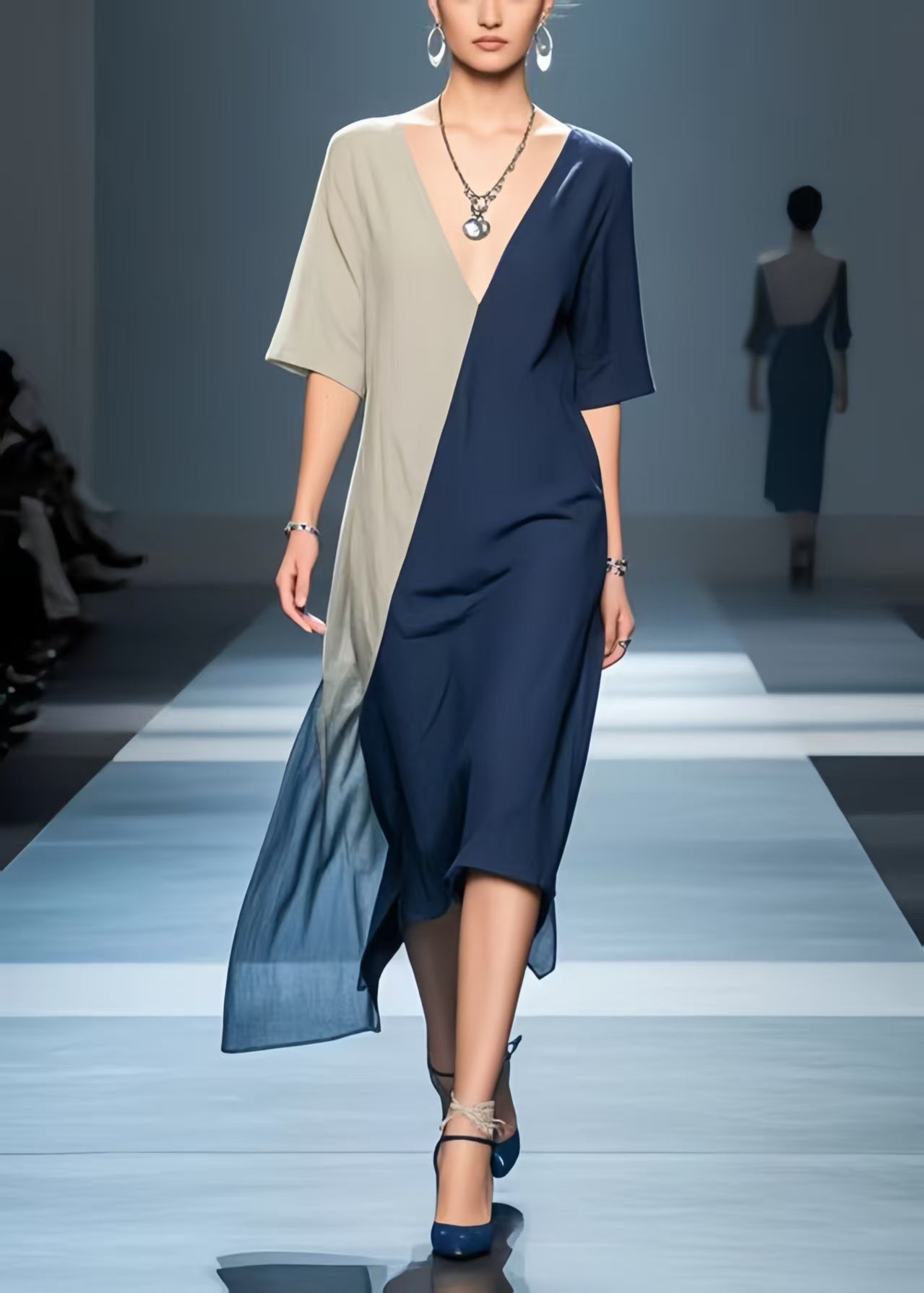 Navy Patchwork Cotton Robe Dresses Asymmetrical Summer