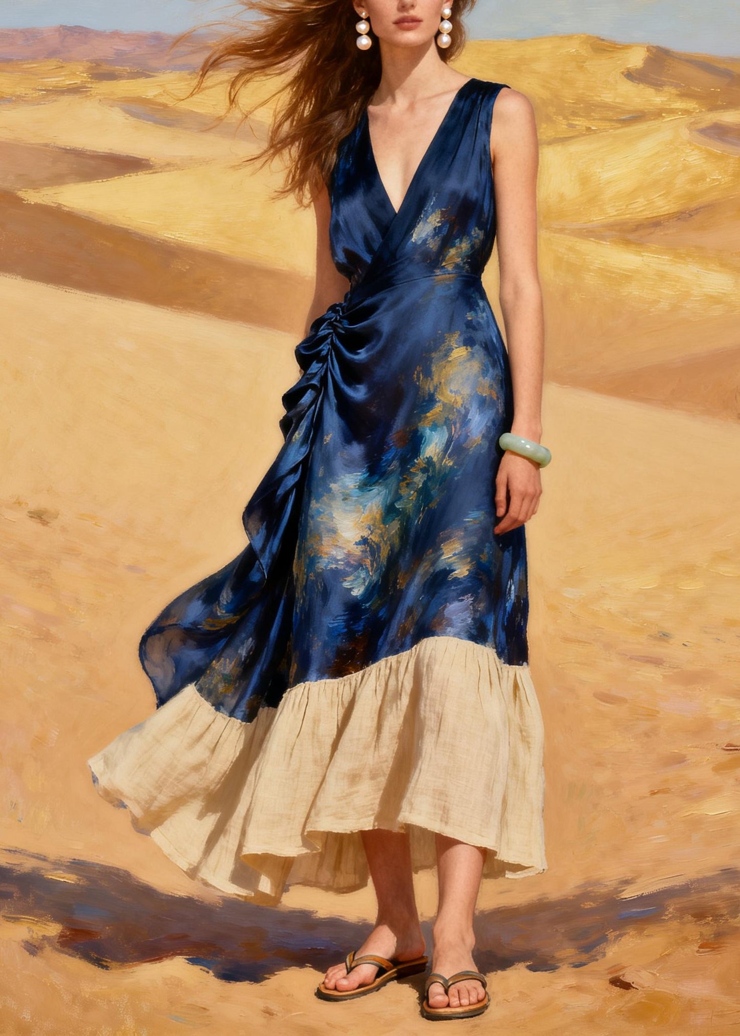 Navy Patchwork Linen Silk Holiday Dress Tie Dye Wrinkled Summer