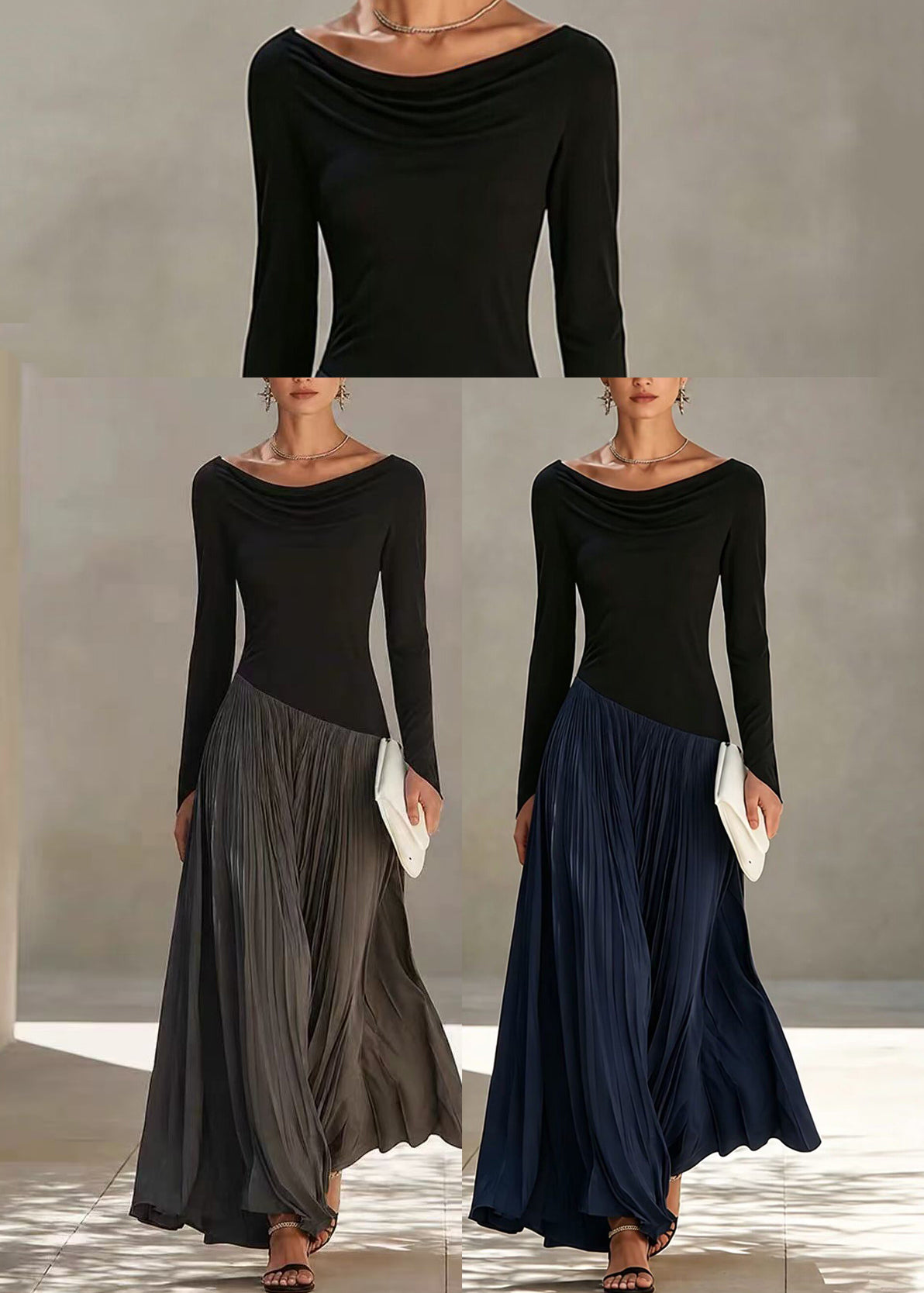 Navy Patchwork Maxi Dresses Asymmetrical Pleated Long sleeve