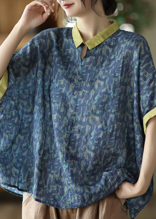 Navy Peter Pan Collar Print Ramie Top Summer