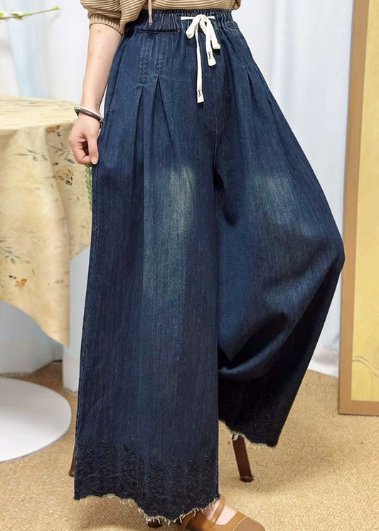 Navy Pockets Denim Wide Leg Pants Embroidered Fall