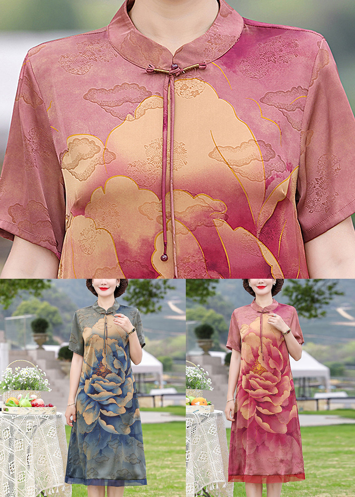 Navy Print Pockets Silk Dresses Stand Collar Short Sleeve