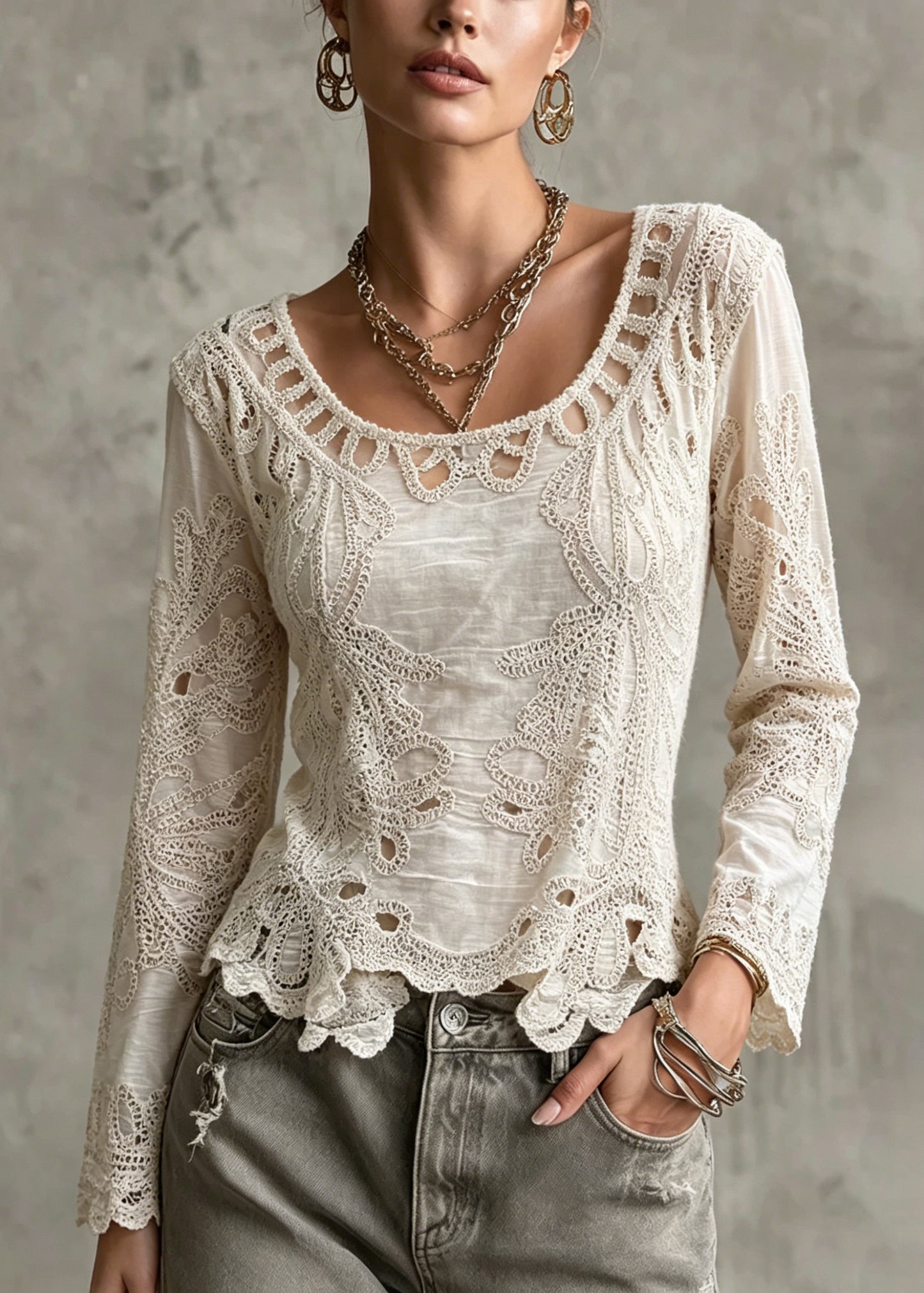 New Apricot Hollow Out Embroidered Cotton Top Long Sleeve