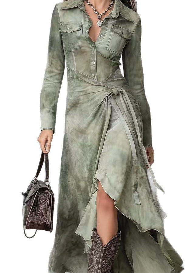 New Army Green Asymmetrical Design Cotton Dress Spring
