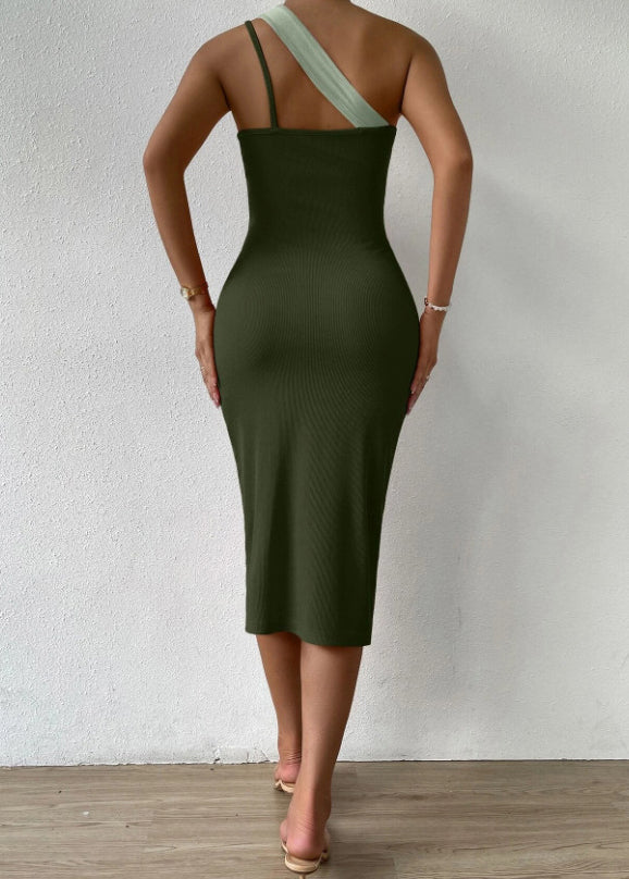 New Army Green Cold Shoulder Patchwork Side Open Cotton Dresses Sleeveless