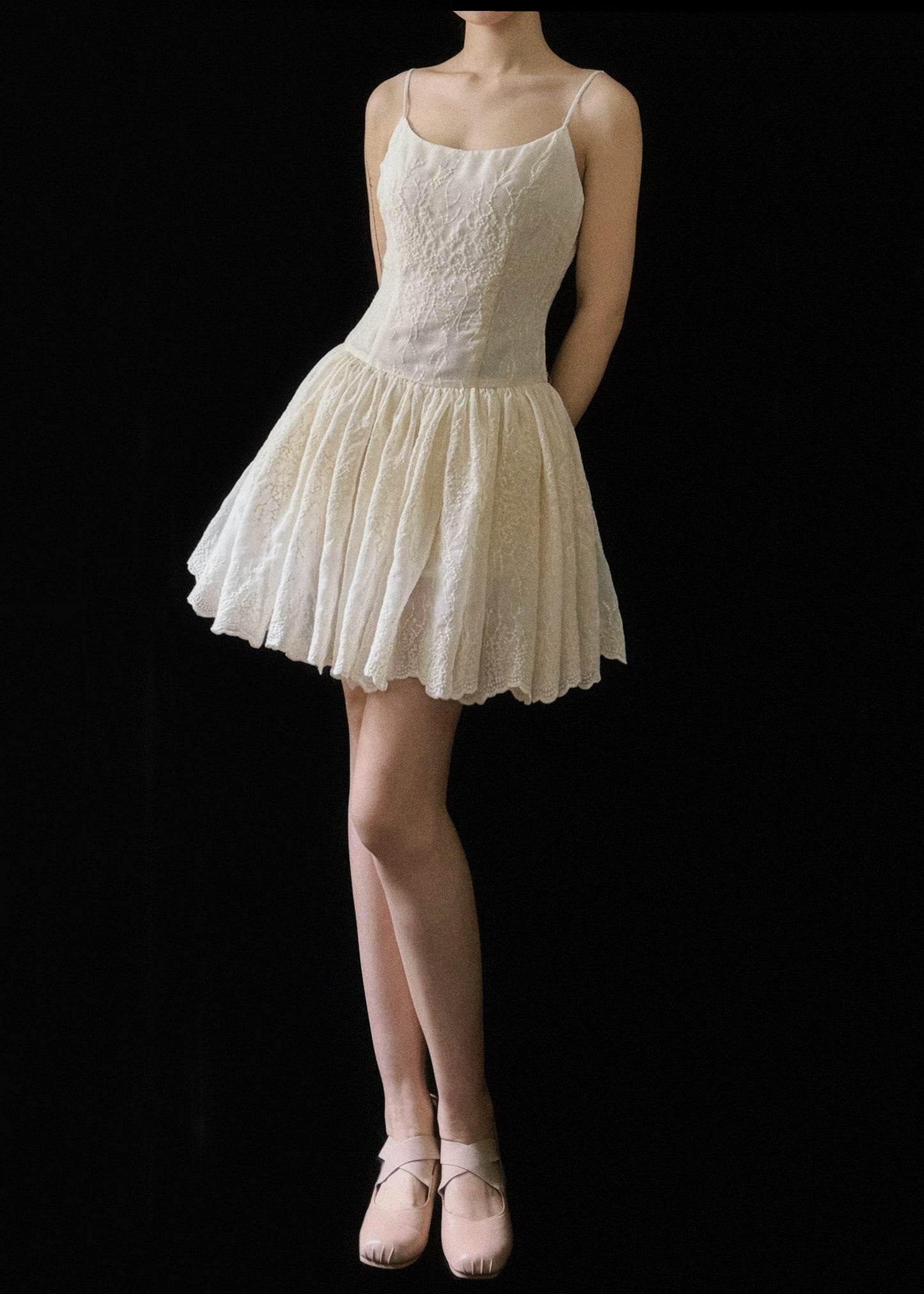 New Beige Embroidered Wrinkled Cotton Mini Dresses Sleeveless