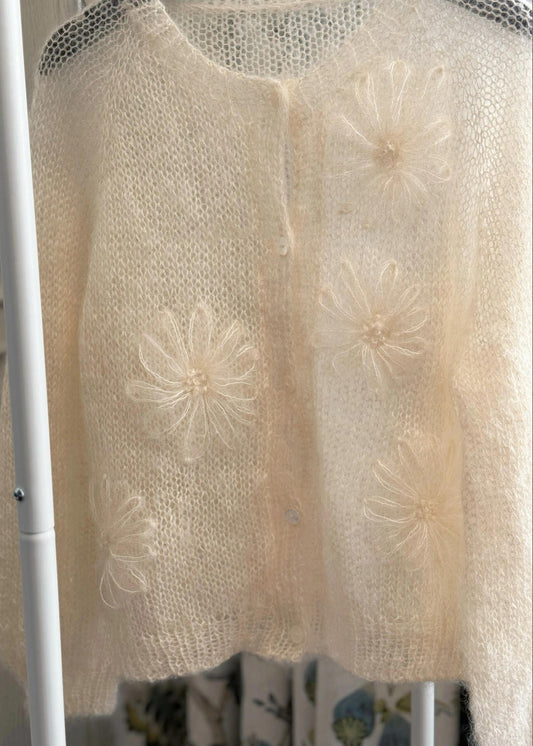 New Beige O Neck Floral Mohair Knitted Cardigans Fall