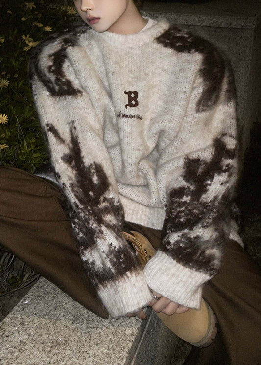 New Beige Tie Dye Cozy Knit Mens Sweaters Winter